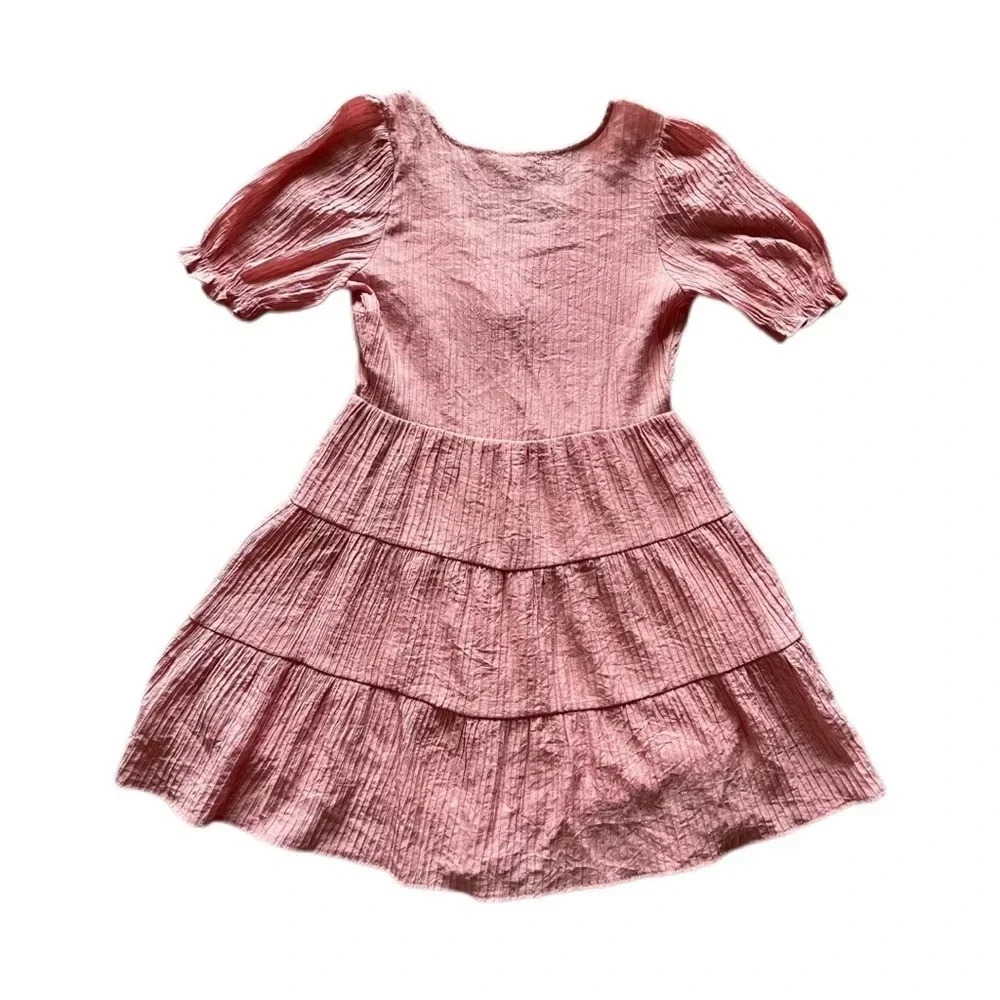 Mine Pink Rose Puff Sleeves Tiered Midi Casual Dress Women’s Small - Picture 6 of 12